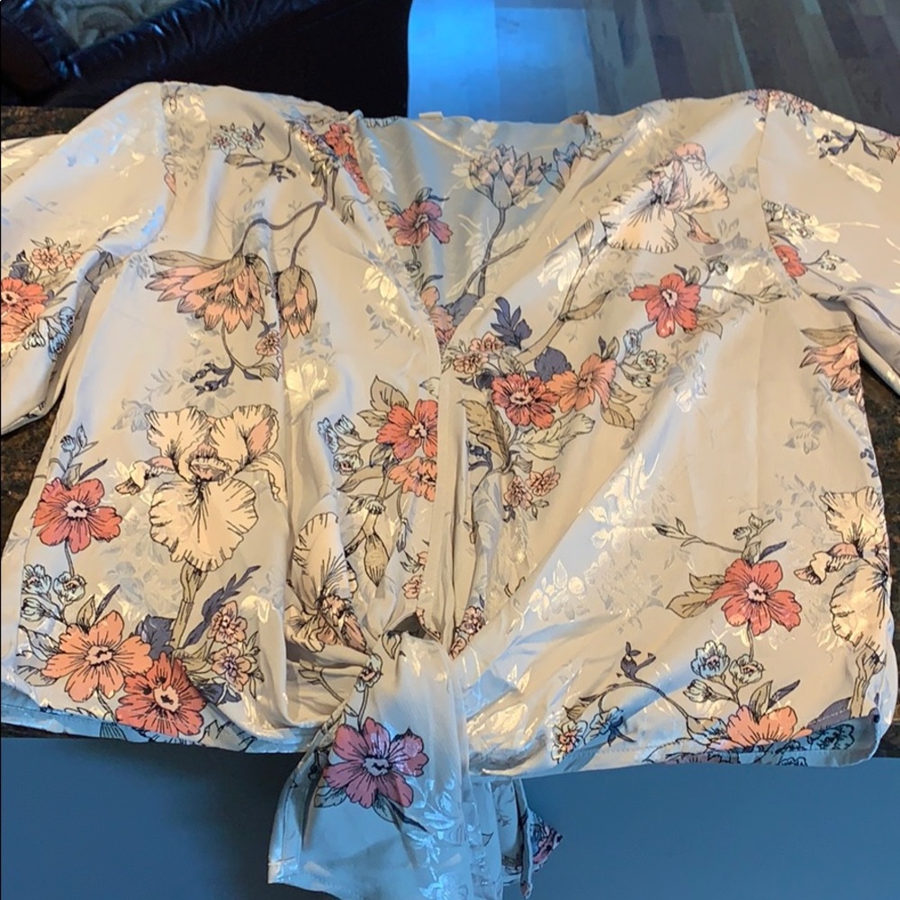 Metallic gray floral tied top